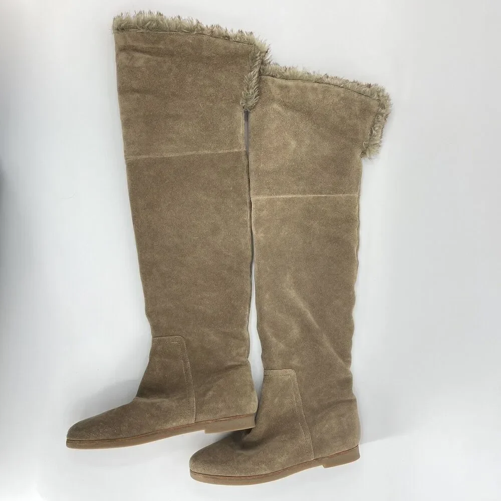 Sam Edelman Size 7 Orlando Over The Knee Boots Tan Taupe Suede Faux Fur Cuff